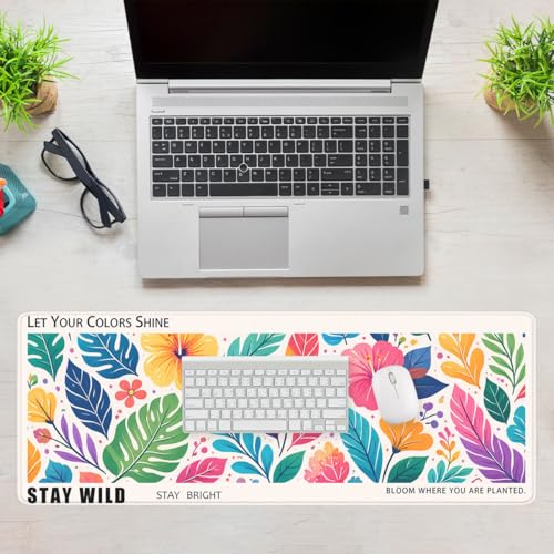 Inspirational Quote Mouse Pad Colorful Floral Leaves Tropical Large Desk Mat with Stitched Edges,Non-Slip Waterproof Rubber Base Mouse Mat Office Computer Keyboard Laptop 31.5"x11.8" - color: Inspirational Quote