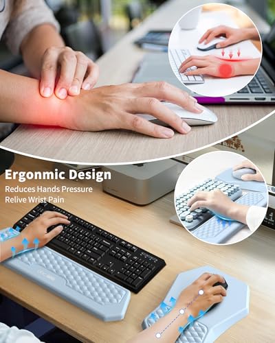 Ergonomic Mouse Pad and Keyboard Wrist Rest Support Set, Massage Design Mousepad for Carpal Tunnel Pain Relief, Memory Foam, Non-Slip PU Base for Computer Desk, Baby Blue - color: Blue