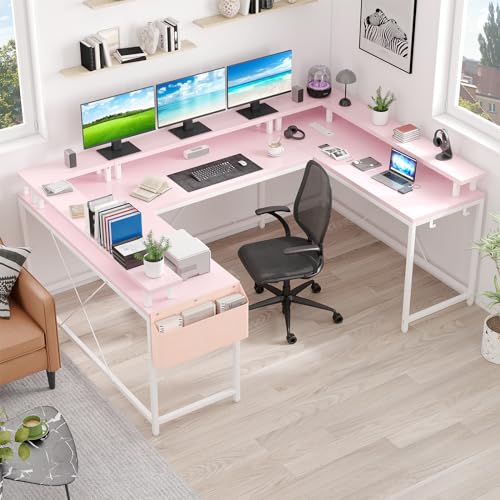 U Shaped Desk with Power Outlet & LED Lights, 79" Reversible Computer Desk with Monitor Stand, Wood Home Office Desks Gaming Desk with Shelving, Side Storage Pockets, Pink - color: Pink