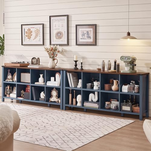 Joaxswe 8 Cube Book Shelf, Farmhouse Wood Long Storage Organizer Bookcase, 62" Horizontal Navy Blue Console Closet Bookshelf, Hallway TV Stand for Entryway, Display Cabinet Book Case for Living Room - color: Navy Blue, size: 8 Cube (13.6"D x 62"W x 29.7"H