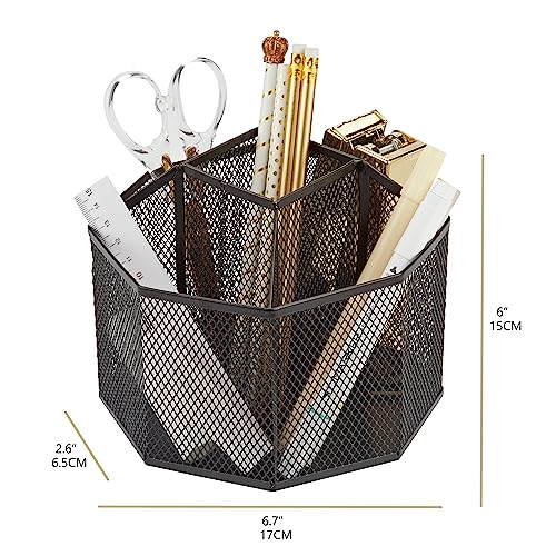 Annova Mesh Desk Organizer Rotate with 5 Compartments Spinning Tidy Candy/Pen Holder Office, Art Supply, Storage, Classroom, Home (Black) - color: Black
