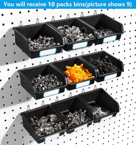 FRIMOONY Pegboard Bins with Hooks and Labels, 10 Packs, Black | For Organizing Accessories
