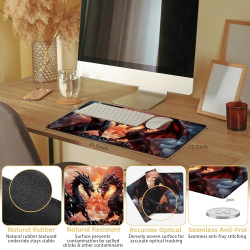 Dragon Desk Mat Large Mouse Pad Gaming Mousepad 31.5 x 15.8 in | Desk Pad for Keyboard and Mouse, Large Non-Slip Rubber Base Mousepad Desk Mat with Stitched Edges for Gaming Office - color: Dragon