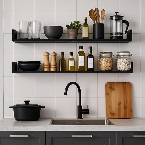 PHOENANCEE Floating Book Shelves,32 Inches Wall Bookshelf U Shaped,Long Hanging Bookshelf for Wall,Large Rustic Storage Books Shelves for Living Room Kitchen Bathroom Office,Set of 4(Black) - color: Black