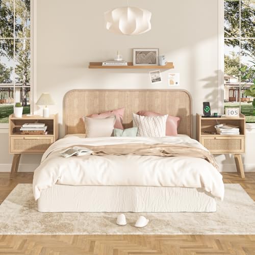 Lerliuo Rattan Nightstands Set of 2 with Charging Station, Boho Night Stand with Handmade Natural Rattan Drawer and Open Shelf, Side End Tables with Solid Wood Legs for Bedroom, Dorm, Small Spaces - color: Wood, size: 2 pack