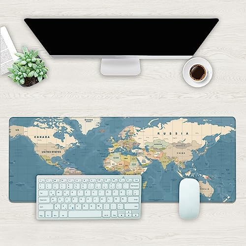 Desk Mat, Blue Vintage World Map Extended Gaming Mouse Pad Large, 31.5"x11.8" Big Mouse Pad with Non-Slip Base and Stitched Edge, Long Computer Keyboard Mouse Mat for Home Office Work - color: Blue Vintage World Map, size: 11.8" x 31.5"