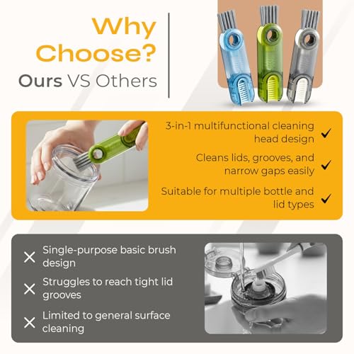 Multifunctional 3-in-1 Cleaning Brush for Cups, Bottles & Keyboards – Portable Glass & Lid Gap Cleaner for AirPods, Hard-to-Reach Corners – ABS & Silicone Compact Design (Blue/Dark Grey/Green).