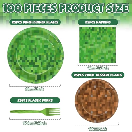 100 PCS Pixel Party Plates and Napkins Decoration Pixel Theme Disposable Birthday Party Tableware Set Includes Video Game Paper Plates Set and Video Game Napkins Gamer Supplies Server 25 Guests