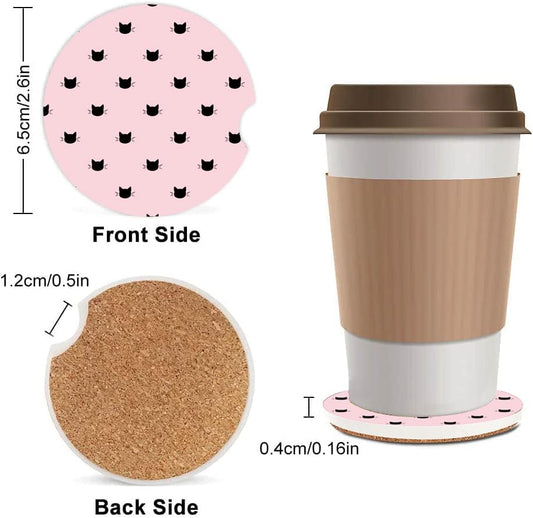 Absorbent Car Cupholder Coaster 2 Pack, Cute Car Coasters with a Finger Notch for Women & Men,2.56" Ceramic Stone & Non-Scratch Cork Base Drink Coasters,Car Accessories Gifts (Cute Cats Pink - color: Cute Cats Pink