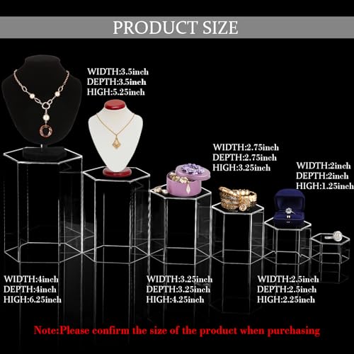 Jetec 12 Pcs Hexagonal Jewelry Display Risers Hexagonal Market Display Risers Stands Acrylic Showcase Acrylic Stand for Jewelry Model Figures Decoration, 6 Sizes (Clear) - color: Clear