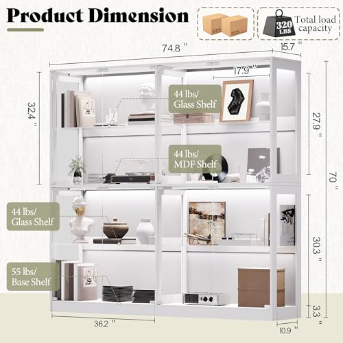 AMERLIFE RGB Display Cabinet with Adjustable Glass Shelves, 4-Tier Storage Case with LED Lights & Press-to-Open Doors, Modern Display Shelf for Collectibles, White 70" H×75" L×16" D - color: White, size: 75×16×70in