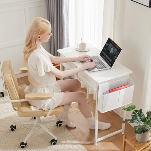 DUMOS 32" Home Office Computer Desk with Drawers, Small Gaming Writing Study Table with Storage Side Bag, Headphone Hook and Adjustable Feet for Bedroom White - color: White, size: 32-In