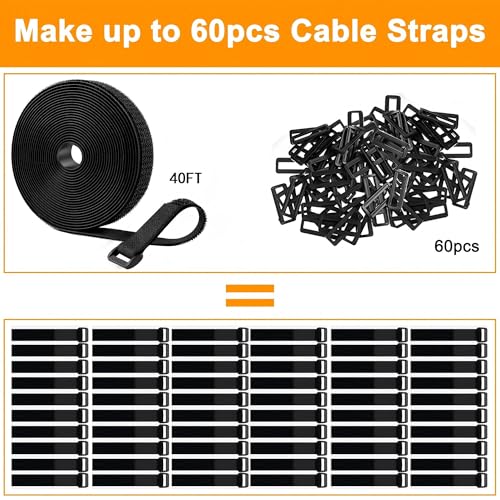 40Ft x 1" Adjustable Cable Straps with 60 Buckles, Hook and Loop Straps, Reusable Nylon Cable Ties for Cord Organiser, Organizer, Cable Tidy, Free Cut Length, Black - size: 40Ft x 1inch