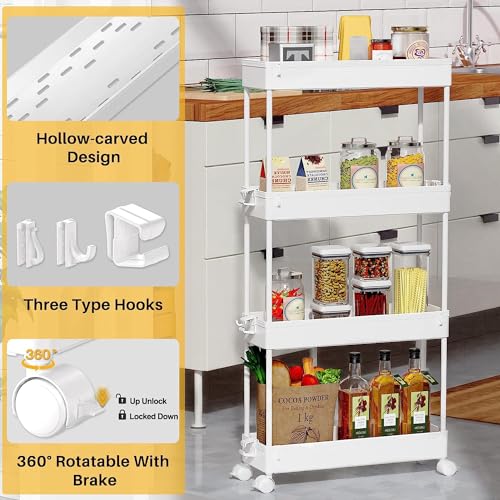 SPACEKEEPER Slim Rolling Storage Cart 4 Tier Bathroom Organizer Mobile Shelving Unit Utility Cart Tower Rack for Kitchen Laundry Narrow Places, White - color: White