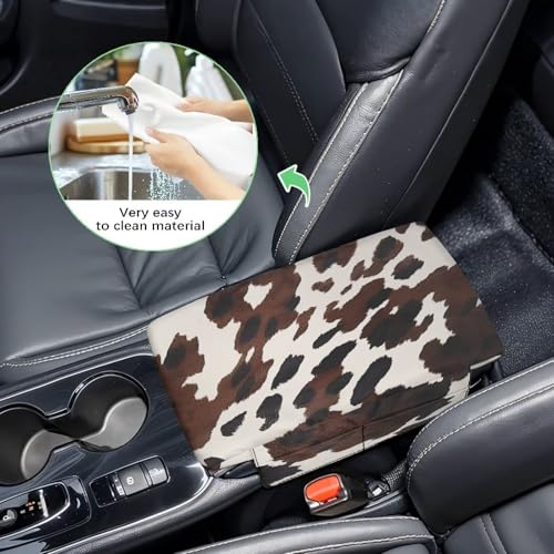 Wanyint Black Brown Cow Print Car Center Console Armrest Cover Anti-Slip Armrest Storage Box Mat Anti-Scratch Middle Console Pad Protective Cover Universal Fit Most Vehicle, SUV, Truck - color: Black Brown Cow Print