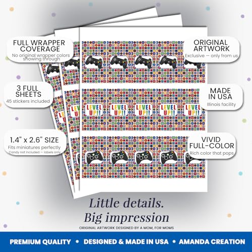 Game On! Video Gamer Birthday Party Mini Chocolate Candy Bar Sticker Wrappers for Kids, 45 1.4" x 2.6" Wrap Around Labels by AmandaCreation, Great for Party Favors