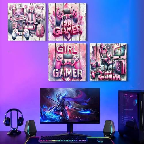Gaming Wall Decor for Bedroom Pink Gaming Poster Cool Game Canvas Prints for Teen Girls Boys Retro Gamepad Headphone Canvas Pictures Video Game Painting for Girls Boy Playroom Decoration 12x12" 4 Pcs - color: Gaming, size: 12 x 12 in