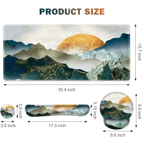 Gaming Mouse Pad, Large Desk Mat, Cute Desk Pad Protector, 4in1 XXL Mousepad +Keyboard Wrist Rest+Mouse Wrist Rest+Coaster Set with Ergonomic Desk Pad for Home Office Table Computer Green Mountain - color: Green Mountain