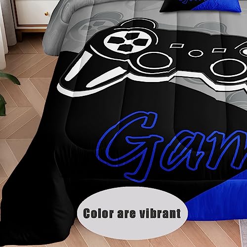 6 Pieces Bed in a Bag for Gaming Bedding Set,Boys Gamer Comforter Set with Flat Sheet,Fitted Sheet,Pillowcases,Cushion Cover,Game Console Pattern Bed Set for Kids Boys Room Decor - color: A37 Blue, size: Queen