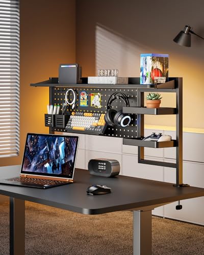 PEGZONE Clamp on Desk Shelf, 44" Desktop Shelving System, Black | with Pegboard and Accessories, Desktop Organizer with 2-Tier Shelf, Desk Pegboard for Office Home Gaming - color: Black
