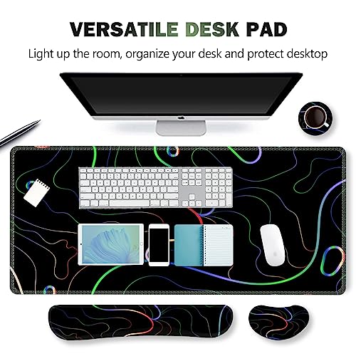 ARTSO Gaming Mouse Pad Wrist Support Set, XXL Large Desk Mat Mousepad + Keyboard Wrist Support+ Mouse Wrist Rest+Coaster 4in1 Ergonomic, Memory Foam, Stitched Edge for Home Office -Colorful Lines - color: Colorful Lines
