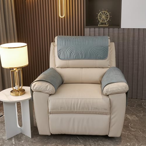 vctops 5 Pcs Water Resistant Sofa Armrest Cover Vintage Faux Suede Headrest Cover for Recliner Chair Arm Cover Non Slip Couch Cover for Dogs Washable Furniture Protector (Greyish Blue,3 Seat) - color: Greyish Blue, size: 3 Persons Set of 5