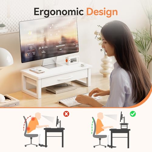 Desk Organizers and Accessories, Computer Monitor Stand Riser with Drawer, White Laptop Stand for Desk with Storage, Office Organization, Wood