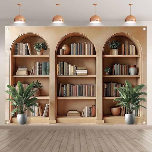 7x5ft Fabric Arched Bookshelf Backdrop School Library Books Modern Office Plants Video Conference Photography Background Indoor Decorations Photo Banner Props - size: 7'x5'