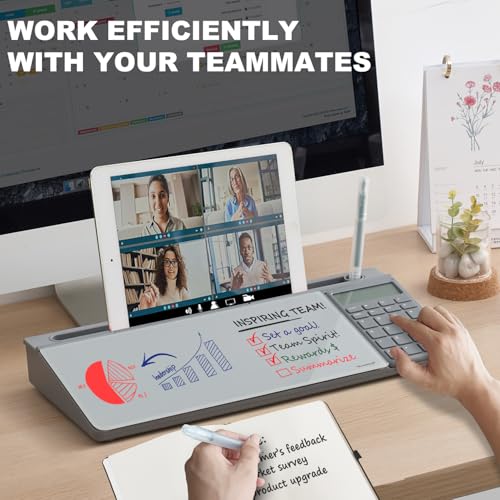Small Glass Desktop Whiteboard Dry-Erase-Board - Computer Keyboard Stand with Calculator White Board Surface Pad with Drawer, Desk Organizers with Accessories for Office, Home, School Supplies - Grey - color: Calculator - Grey