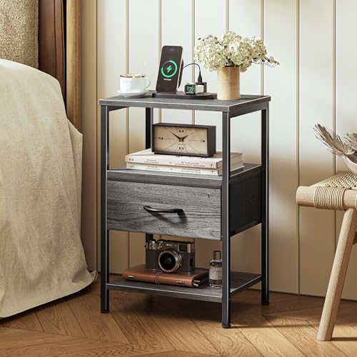 SUPERJARE Nightstand with Charging Station, Bed Side Table with Adjustable Fabric Drawer, Night Stand for Bedroom, 3-Tier Storage End Table, for Living Room, Grey - color: Grey, size: M (11.8"D x 15.7"W x 23.4"H)
