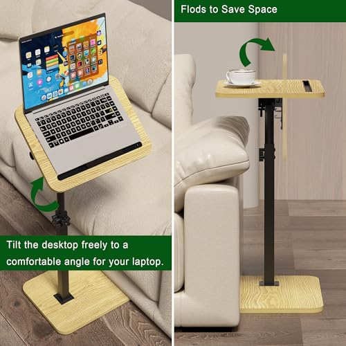 TV Tray Side Table for Sofa - 360° Swivel Adjustable Height Rotating Couch Table C Table End Table Laptop Desk with Phone & Tablet Slot, Perfect for Eating Working Reading, Fits Small Spaces - color: Natural