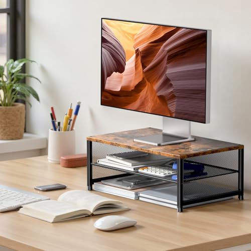 ECOLOVI 2-Tier Computer Monitor Stand Riser, Desk Organizer for Monitor, Printer & Laptop Stand, Desktop Workspace Organizers for Office Supplies(Brown) - color: Brown, size: 2-tier