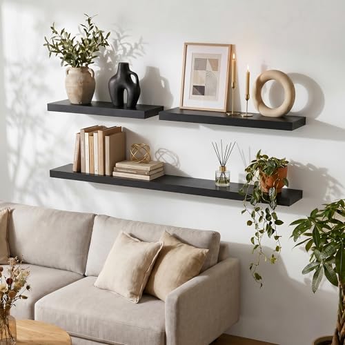 fuqing 24" x 6.7" x 1.4" Black Floating Shelves Set of 2, Rustic Black Wood Shelves for Living Room Bathroom, Hardware Included, 40 Lbs, Invisible Brackets - color: Black, size: 24 Inch-UP