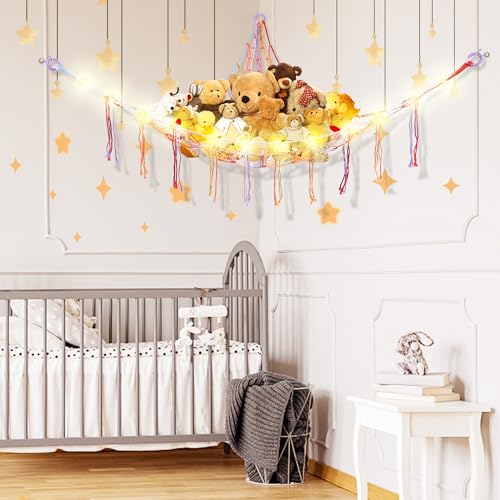 CERETIA Stuffed Animal Hammock with LED Light, Large Stuffed Animals Storage Corner Plushie Net for Kids Room Decor, Rainbow - color: Rainbow, size: Large-(Package of 1)