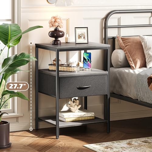 SUPERJARE Night Stand with Charger Station, 27.7 Inch Tall Nightstand with Adjustable Fabric Drawer, Bed Side Table, Fabric Drawer Dresser for Bedroom, Living Room, Charcoal Gray and Black - color: Charcoal Gray and Black, size: L (15.7"D x 17.7"W x 27.7"