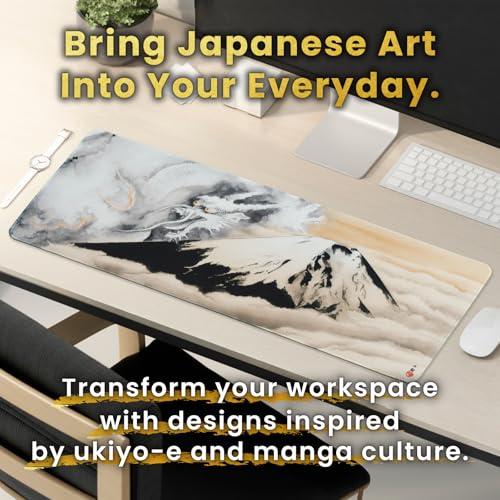 BELLEMOND Japanese Art Desk Mat | Large 31.5x11.8in Anime Mouse Pad for Keyboard & Mouse | Non-Slip Base, Water-Repellent | Original Japanese Design | Guardian of Fuji - color: Guardian of Fuji