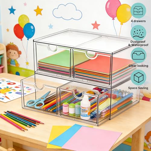 Prsildan Acrylic Storage Drawers Clear Makeup Organizer with 4 Drawers | Transparent, Stackable, For Vanity Bathroom Kitchen Cabinets Office Desk Undersink, Cosmetics Toiletries Home Small Items - style: Style2-4Drawers