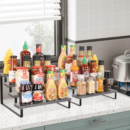 YINMIT Wooden Display Riser Stand, Tiered Perfume and Cologne Organizer Stand, 4 Tier Spice Rack Organizer, Rustic Display Shelf for Candles (4 Tier,2Pack,Grey) - color: 4 Tier,2Pack,Grey