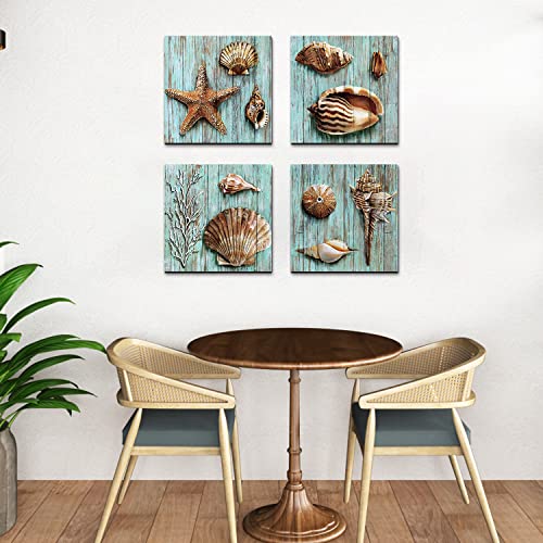 Seashell Wall Art Nautical Bathroom Decor Vintage Coastal Wall Decor Rustic Beach Theme Pictures Teal Blue Ocean Starfish Canvas Paintings Posters Beachy Artwork Kitchen Home Decorations 12x12" 4 Pcs - color: Seashell, size: 12x12in
