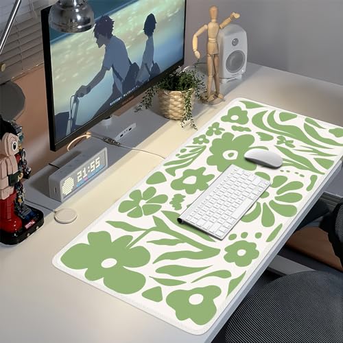 iCasso Desk Mat, XXL Large Anti-Slip Mouse Pad with Stitched Edges, Keyboard Mat for Work, Gaming (Green Flowers) - color: Green Flowers