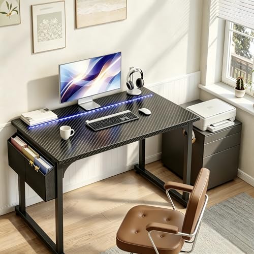 DurayLoly 40" Gaming Desk with Waterproof LED Lights, Carbon Fiber Desktop for Small Spaces | Home Office Study Computer Desk with Storage Bag & Headphone Hook, Black - color: Black, size: 40 Inch