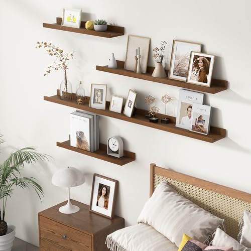 FLYJOE Picture Ledge Wall Shelves 48 Inches Width Set of 3, Solid Pine Wood Rustic Floating Ledge for Kids' Room Bedroom Kitchen Bathroom, Long Floating Shelves for Wall Decor, Walnut - color: Walnut, size: 48'', set of 3