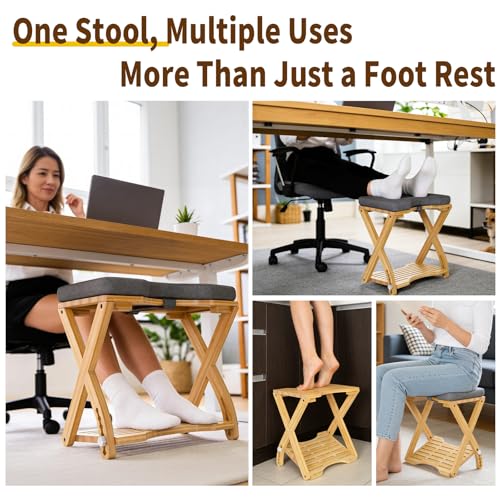 Double Step Foot Rest Under Desk at Work, Bamboo Foot Stool with 6 Adjustable Heights, Ergonomic Under Desk Footrest with Cushion for Home, Office & Gaming (Natural Color)
