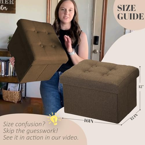 LINMAGCO Ottoman Storage Ottoman with Storage Small Foot Rest Stool Under Desk Stool Short Folding Footrest Linen Cloth Brown 16X12X12IN - color: Brown(linen), size: 12"D x 16"W x 12"H