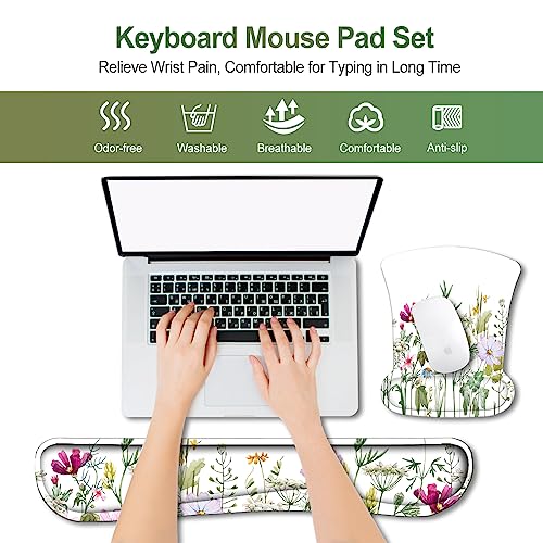 ArtSo Mouse Pad Wrist Support and Keyboard Wrist Rest, Ergonomic Memory Foam Mousepad Non-Slip Easy Typing and Pain Relief for Gaming, Computer, Office, Laptop, White Flowers Plants - color: White Flowers Plants