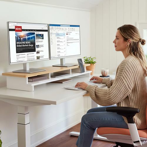 Monitor Stand Dual Monitor Stand Riser for Desk,Wood Desk Shelf Storage Organizer with Phone Tablet Holder (42.5 Inch, White & Natural Bamboo) - color: White & Natural Bamboo, size: 42.5 inch
