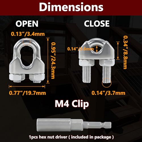 16PCS M4 5/32 Inches Stainless Steel Wire Rope Clips Cable Clamp - size: 16 M4 Clips,1 Nut Driver