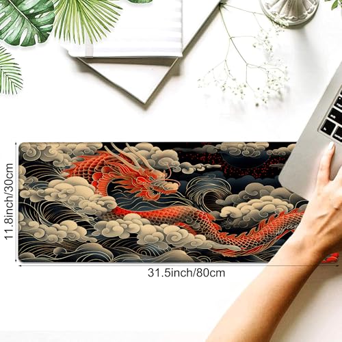 Desk Pad, Japanese Wave and Red Dragon Auspicious Clouds XL Gaming Mouse Pad with Stitched Edges,Non-Slip Waterproof Rubber Base Large Desk Mat for Keyboard and Mouse 31.5"x11.8" - color: Colour5, size: X-Large