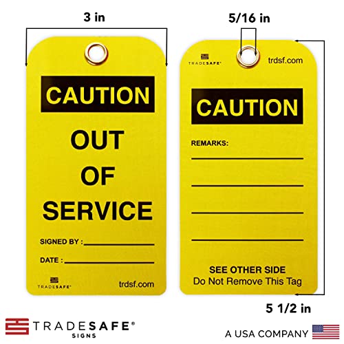 TRADESAFE Caution Out of Service Tags - 30 Yellow Caution Signs with 30 Cable Ties, Durable 32 mil Vinyl, Caution Tags for Equipment Repair or Service, Accident Prevention - style: English
