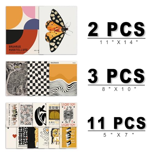 ANERZA 16 PCS Eclectic Wall Art Decor, Modern Maximalist Wall Prints for Bedroom, Bauhaus Posters for Room Aesthetic, Retro Abstract Wall Collage Kit for Living Room, Funky Dorm Gallery Home Decor - color: Orange, size: 11"x14" Unframed